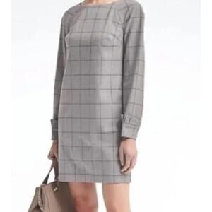 Banana Republic Ruffle Lightweight Wool Shift Dress Gray Plaid long sleeve 4